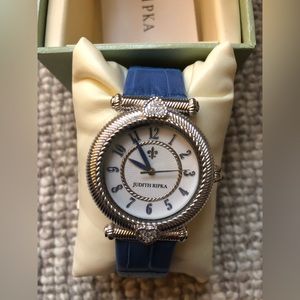 Judith Ripka watch. Blue leather strap and silver metal.